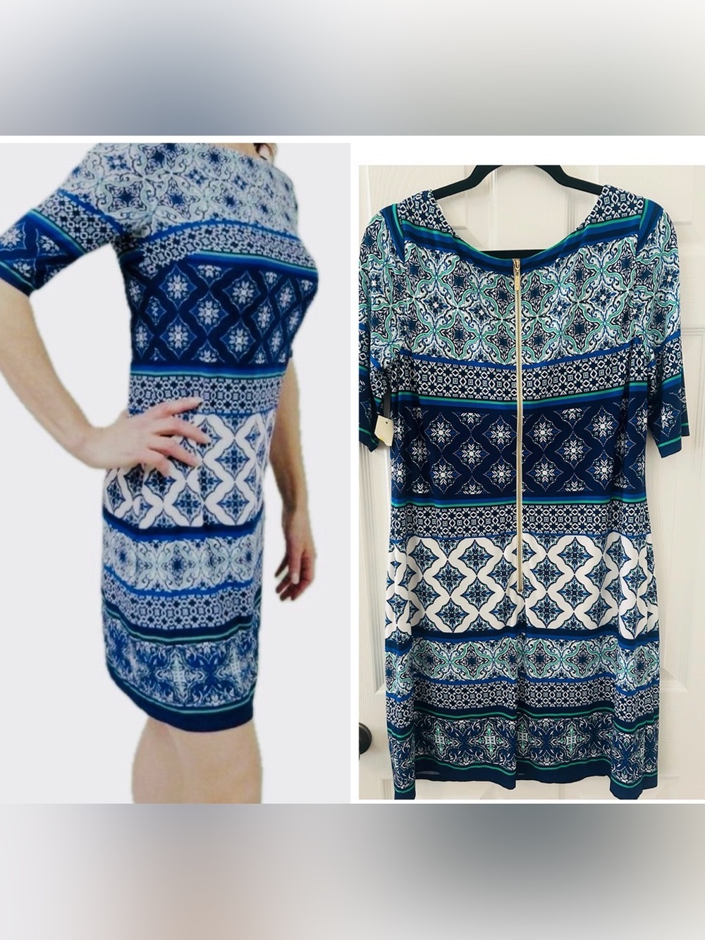 Eliza J Blue, White & Green Printed Short Sleeve Sheath Dress